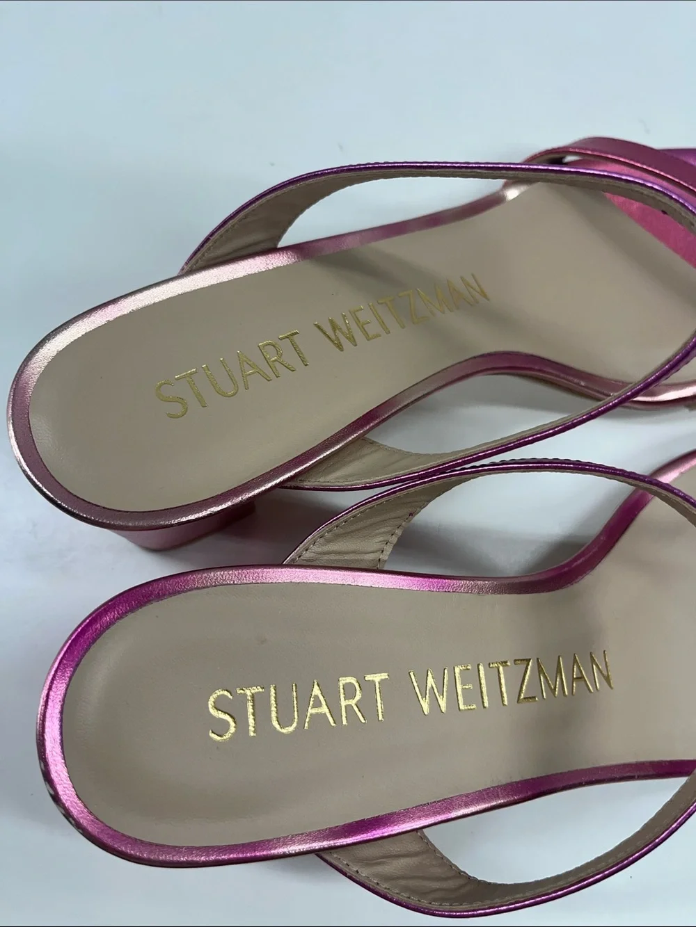New Stuart Weitzman Aleena Leather Slide Heel Sandals in Metallic Pink Size 7
